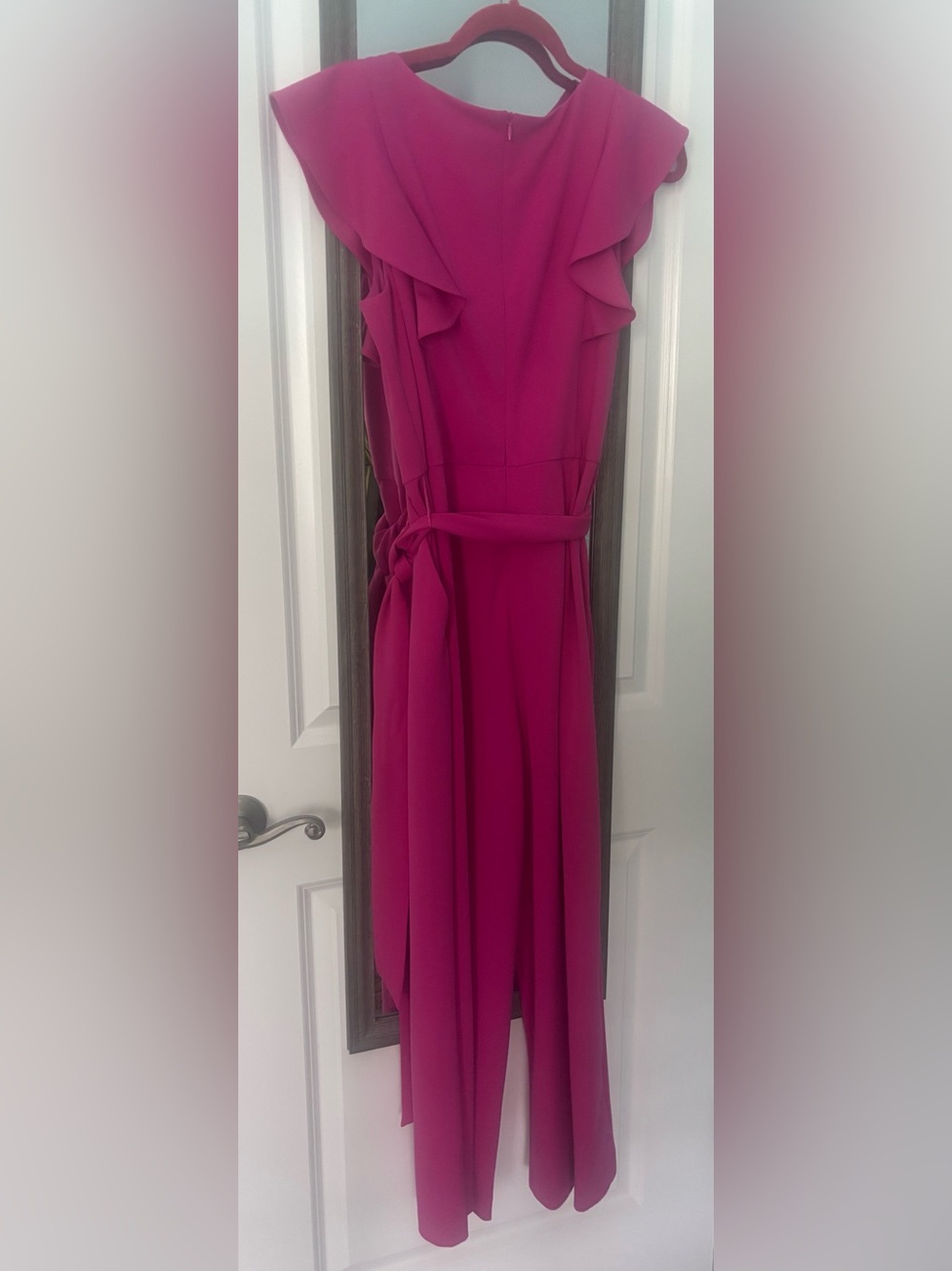 Tahari Sleeveless wide leg cropped jumpsuit in Fuchsia Pink with Self-Tie Belt - Picture 2 of 4